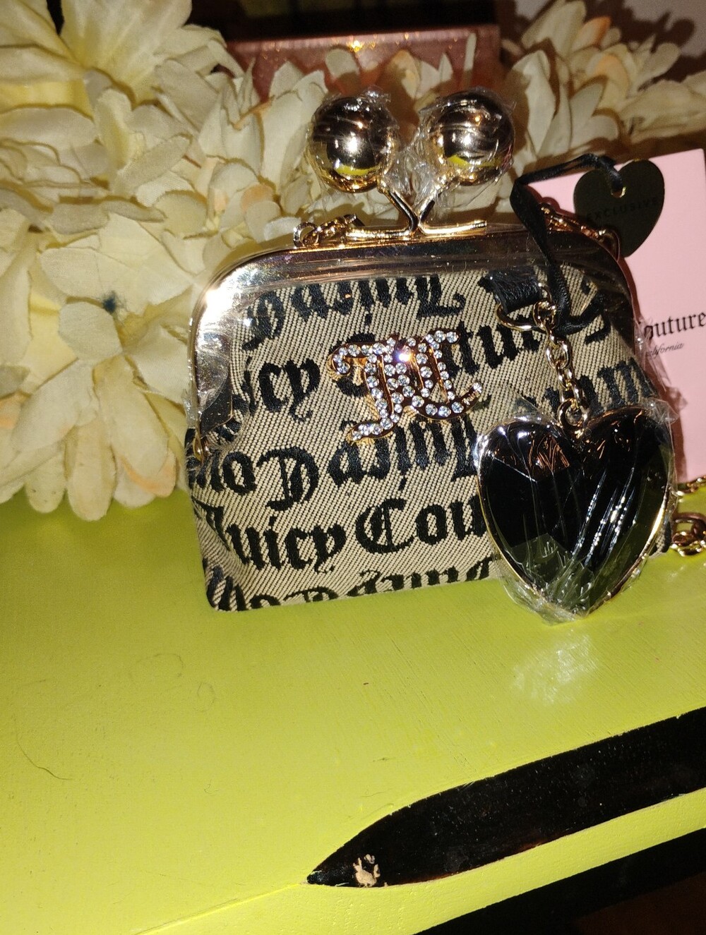 Juicy Couture Tan Logo Mini Kiss-Lock Coin Purse with Gold Heart Charm